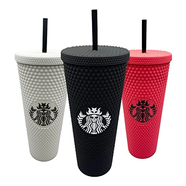 Studded Tumbler with Lid and Straw, 24 oz Reusable Double Wall Matte Color Collection, Iced Coffee Cup Smoothie Cup Travel Mug - For Cold Only, BPA Free, (Matte Black)