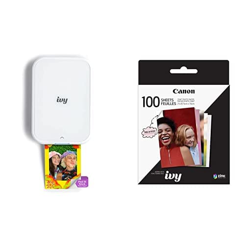 Canon IVY 2 Mini Photo Printer, Print from Compatible iOS & Android Devices, Sticky-Back Prints, Pure White + Canon ZINK™ Sticky Back Photo Paper Pack (100 Sheets) - Ivy 2 - White - Printer + 100 Sheets