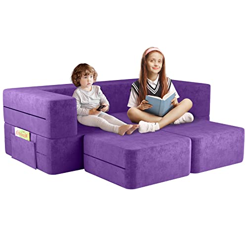 linor Kids Couch, Toddler Couch with Washable and Durable Covers, Modular Kids Sofa Couch, Foldable Loveseat & Two Ottoman, Fold Out Lounger(Grape) - Grape