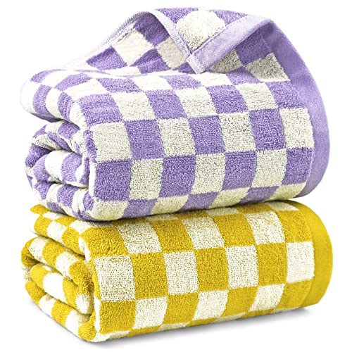 Jacquotha Checkered Bath Towel Set in Yellow and Lilac, Soft Colorful Bath Towels for Bathroom Spa, Large Shower Towels 2 Pack 55” x 27.5”, Thin Quick Drying Towels for Beach Pool - 55"x27.5" (2 Piece Bath Towels)