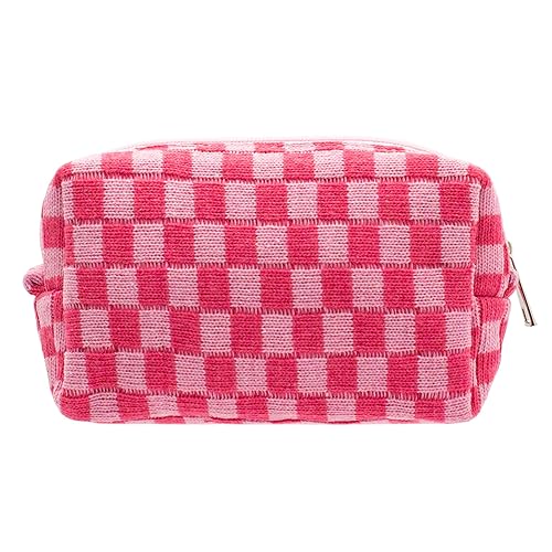 PAZIMIIK Checkered Makeup Bag for Purse Portable Zipper Make Up Pouch Small Cosmetic Case for Travel Accessories (Hotpink) - Hotpink