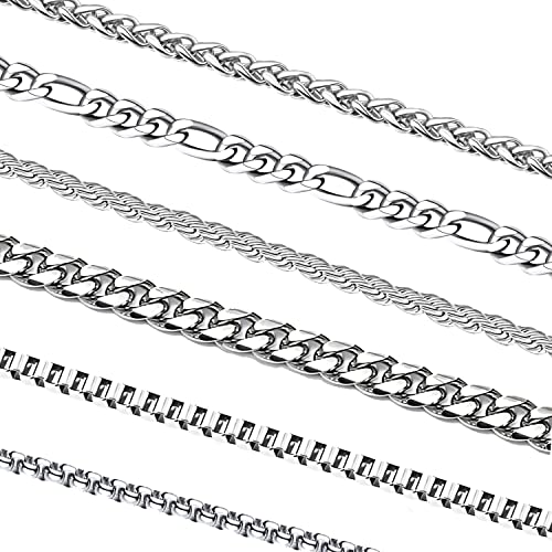OLARCU 6 Pcs Silver Chains, Stainless Steel Cuban Link/Rope/Box/Figaro/Square Rolo/Wheat Chain Necklace Jewelry Set for Men Women - 16 inches