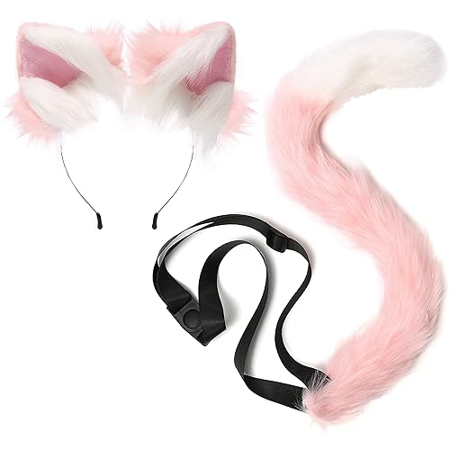 sy soul young Cat Ears and Tail set Costume fox Cosplay for women headband Halloween party furry Animal Accessory - Pink
