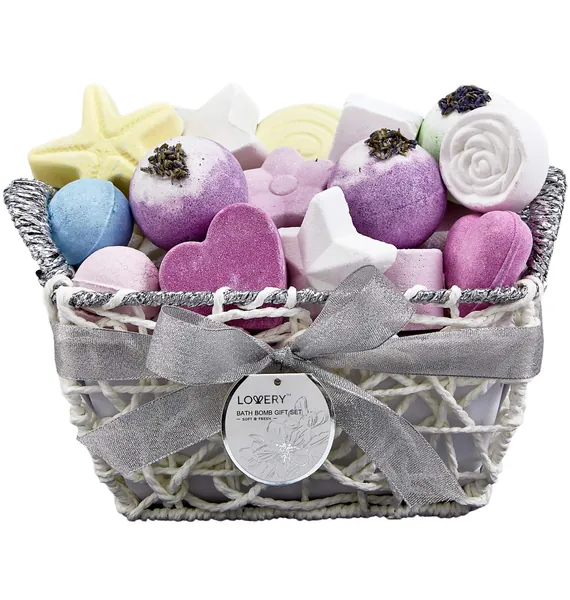 Bath Bombs Gift Set for Women, 17 Large Bath Fizzies in Assorted Colors, Shapes & Scents, Bath and Body Spa Set with Shea & Coco Butter – Ultra Rich Spa Set in Handmade Weaved Basket - 
