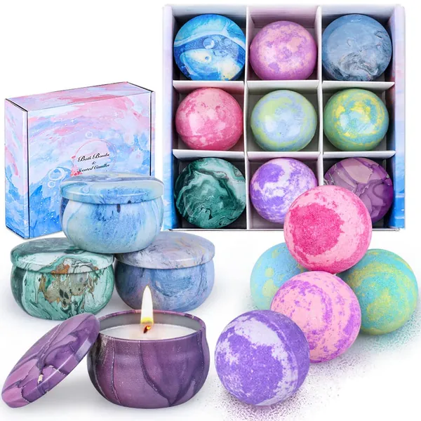 Bath Bombs Gift Set for Women, 5 Color Large Bubble Bathbombs Essential Oil with 4pcs Scented Candles, Fizzy Spa for Moisturizing Skin, Idea Valentine's Day, Birthday Gifts for Friends Mom Love - 5+4 Bath Bombs Gift Set