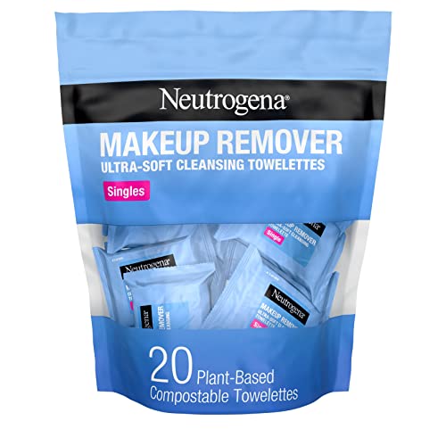 Neutrogena Makeup Remover Facial Cleansing Towelette Singles, Daily Face Wipes Remove Dirt, Oil, Makeup & Waterproof Mascara, Gentle, Individually Wrapped, 100% Plant-Based Fibers, 20 ct - 20 Count (Pack of 1)