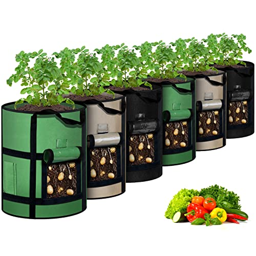 MEKOLIFE 6-Pack 10 Gallon Grow Bags with Window to Harvest - Potato Grow Bags with Handles - Thickened Fabric Pots - Large Garden Grow Bags - Tomato Vegetables Grow Bags with Harvest Window - 6 Pack(10 Gallon)