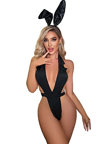 OYOANGLE Women's Bunny Cosplay Costume Teddy Lingerie Set Deep V Neck One Piece Halter Bodysuit - Small - Black