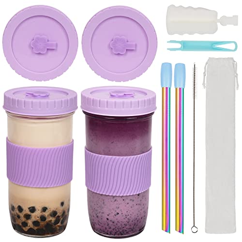 ZgoEC 2 Pack Reusable Bubble Tea Cup with 2 Straws and 4 Lids, 730ml/24oz Smoothie Tumbler Cups, Leakproof Boba Tea Cup Mason Jars, Drinking Glasses, Wide Straws for Bubble Tea Coffee Drinks (Purple) - Purple
