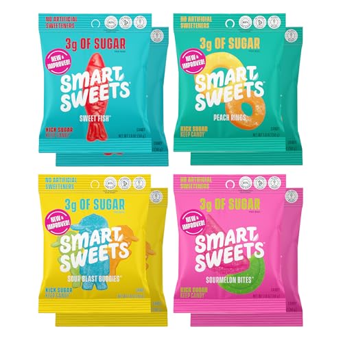 SmartSweets Variety Pack, 1.8oz (Pack of 8), Candy With Low Sugar & Calorie, Healthy Snacks For Kids & Adults - Sweet Fish, Sourmelon Bites, Peach Rings, Sour Blast Buddies - Core 4 Variety Pack