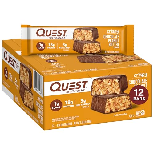 Quest Nutrition Crispy Chocolate Peanut Butter Hero Protein Bar, 18g Protein, 1g Sugar, 3g Net Carb, Gluten Free, Keto Friendly, 12 Count - Chocolate Peanut Butter - 12 Count (Pack of 1)