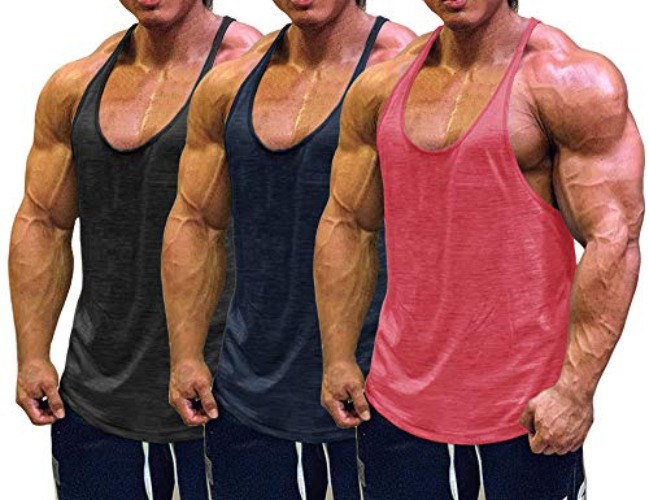 Muscle Cmdr Men's Bodybuilding Stringer Tank Tops Y-Back Gym Fitness Workout Training Running T-Shirts Athletic Quick Dry Top - Medium - 3-pack:black/Pink/Navy Blue