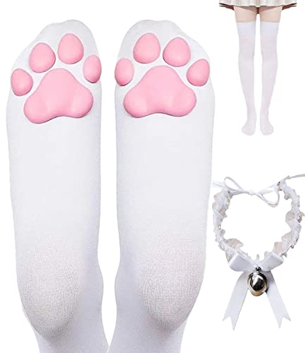 Forssils Cat Paw Thigh High Socks, Cute Soft 3D Kitten Paw Pad Claw Toe Beans Stockings Choker with Bell for Women Cosplay - White