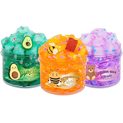 Keemanman Slime Kit - 3 Pack Jelly Cube Clear Crunchy Slime with Avocado, Honeycomb and Lavender Bear Charms, Preppy and Aesthetic Stuff, Cute Stress Toys and Cool Birthday Gifts for Girls and Boys