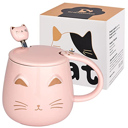 SHENDONG Pink Cat Mug Cute Ceramic Coffee Cup with Kawaii Lid and Lovely Stainless Steel Spoon Novelty Morning Cup Coffee Milk Tea Mugs - 3D Animal Cat Mugs for Cat Lovers Women Gifts(Pink) - Pink