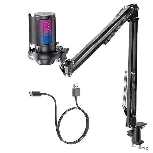 COCONISE Gaming PC USB Microphone for PC with Boom Arm, USB PC Mic for Podcasts Videos, Streaming, Condenser Mic with Quick Mute, RGB Indicator,Shock Mount,Rotate gain button, Compatible with PS4/5/PC - With Arm