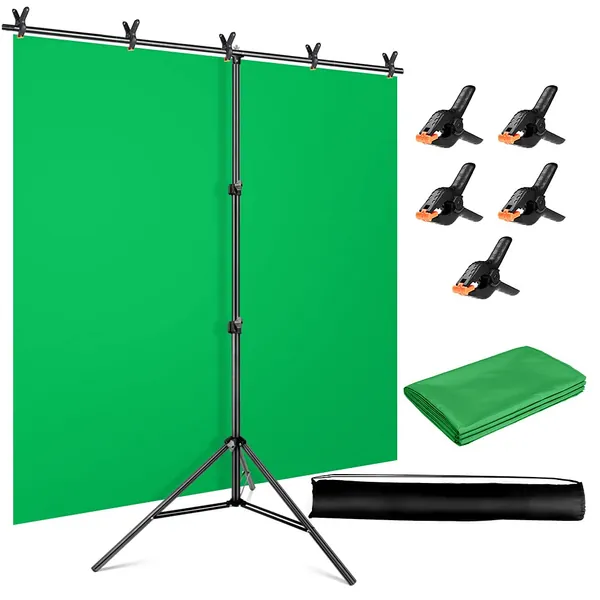 YAYOYA Green Screen Backdrop Kit with Stand 5x6.5ft, Photography Backdrop Background Stand with Chromakey Green Screen Background and 5 Backdrop Clamps, for Photoshoot Televison Online Meetings Zoom - T-shape Backdrop Stand + Green Backdrop