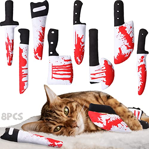 Honoson 8 Pcs Halloween Knife Cat Chew Toys Catnip Toys Interactive Stuffed Kitten Chew Toys Teething Resistant Soft Plush Cat Toys for Indoor Kitten Cats Boredom Relief Teeth Cleaning (knife pattern) - knife pattern