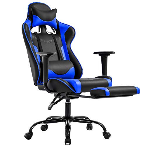 BestOffice Gaming Chair with Footrest,Ergonomic Office Chair,Adjustable Swivel Desk Chair,Reclining Computer Lumbar Support and Headrest,Racing Style Video Gamer (Blue) - Blue - Solid