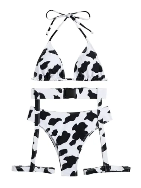 SHENHE Women's 3 Piece Cow Print Cut Out Tie Backless Halter Triangle Bikini Swimsuit Bathing Suit - Medium - Black