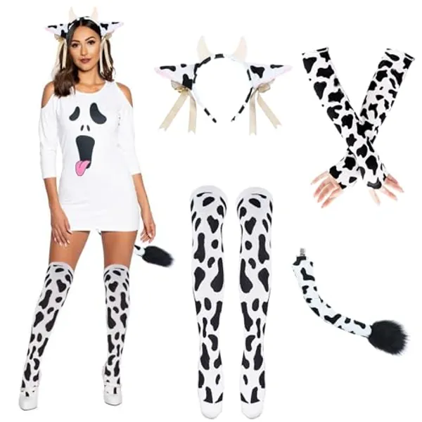 Popuid 4Pcs Womens Cow Ears Headband & Tail Costume Set, Cow Print Arm Sleeves & Socks for Halloween Adults Cosplay Accessories (Black & White)