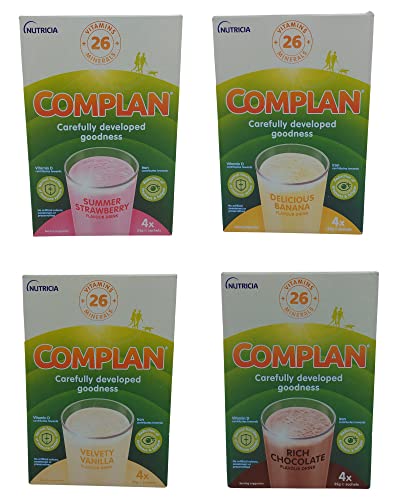 Complan Nutritional Drinks Bundle Consisting of 4 Multi-Packs of Complan Strawberry, Chocolate, Banana and Vanilla Flavoured Mix at Home Powders - 16 x 55g Sachets.