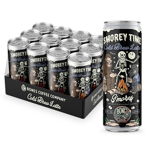 Bones Coffee Company S'morey Time Iced Latte S'mores Flavored Coffee, 11 Fl Oz Ready To Drink Latte, Cold Canned Drinks, Coffee On-the-Go (12 Pack) - Cold Brew Latte S'mores - 11 Fl Oz (Pack of 12)