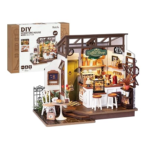 Rolife Coffee Shop Miniature Dollhouse Kit with LED Lights - DIY Crafts for Adults, Birthday Gifts and Hobbies