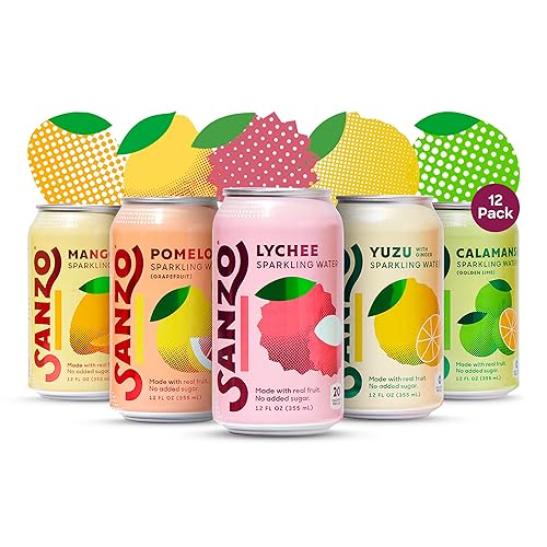 Sanzo Flavored Sparkling Water Variety 12-Pack - Lychee (Berry), Yuzu (Lemon), Pomelo (Grapefruit), Calamansi (Lime), & Mango (Alphonso) - Made with Real Fruit, No Added & Gluten Free - 12 Fl Oz - Variety Pack w/ Pomelo - 12 Fl Oz (Pack of 12)