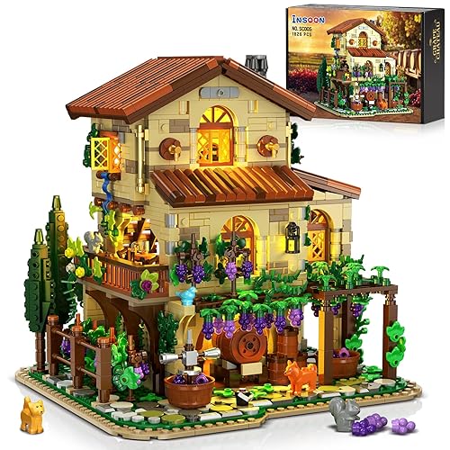INSOON Winery Chateau House Building Set with Lights, Vineyard Castle Construction Model Home Office Decor, 1826 PCS Vine Estate Autumn Cabin Building Block Kit for Adults Teens Boys Girls