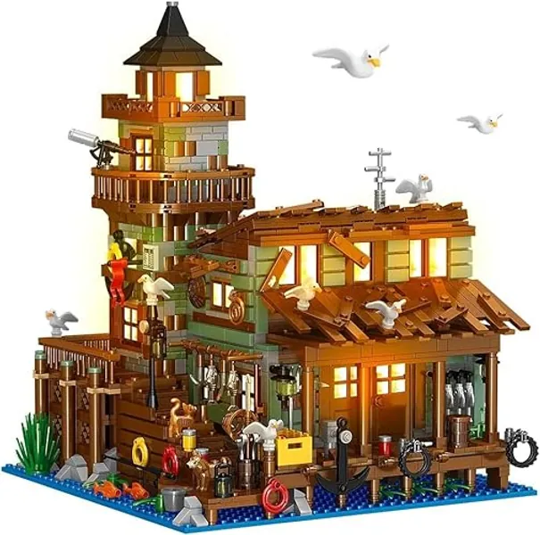 INSOON Fishing Village Store House Building Set with LED Light, 1845PCS Wood Cabin Mini Building Block Architecture Kit for Adults Boys Girls Ages 8+
