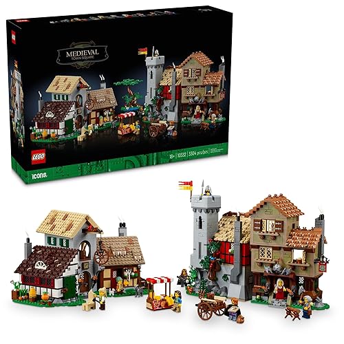 LEGO Icons Medieval Town Square Build and Display Model, Classic Castle Set Reimagined with 8 Medieval Minifigures, Explore the Medieval Village of Felsa in this Building Set for History Lovers, 10332
