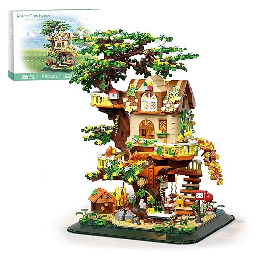 RAVAYO Forest Tree Building House Blocks Set with LED, Creative Gift for Adults Teen 14+, Mini Brick 1877pcs - brown
