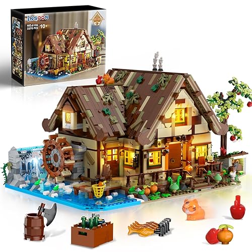 INSOON Wood Cabin Building Set with LED Light, 2570 PCS Wooden Forest House Mini Building Block Toy with Waterwheel Pond Animals, Big House Construction Model for Adults Teens Kids Boys Girls 10-12+