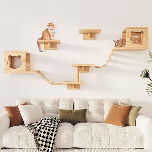PETKABOO Cat Wall Furniture, Shelves, Floating Wood Climb Wall-Mounted Playing Climber, 2 Houses & 4 Shelves Ladders 1 Scratching Post - Cat Wall Shelf