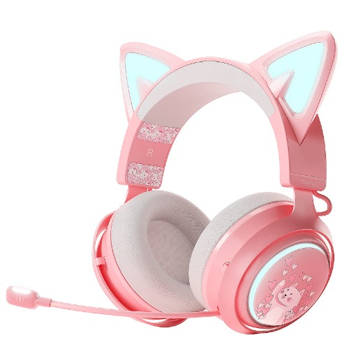 SOMIC GS510Pro Cat Ear Headset, Bluetooth/2.4GHz Wireless Gaming Headset with RGB Lights, Pink Headphones with Retractable Mic, 10Hrs Playtime, 7.1 Surround Sound for PS5, PS4, Laptop, PC, Smartphone