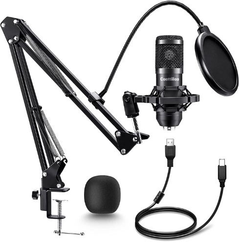 Caattiilaa USB Microphone - PC Streaming Podcast Microphone, Recording Microphone, Gaming Microphone, 192KHZ/24Bit Condenser Mic, Electric USB Mic Kit with Sound Chipset Boom - black out