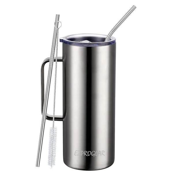 Ezprogear 940ml (32 oz) Stainless Steel Coffee Mug Double Wall Vacuum Insulated Beer Tumbler with Handle, Lid and Straws (32 oz, Stainless Steel)