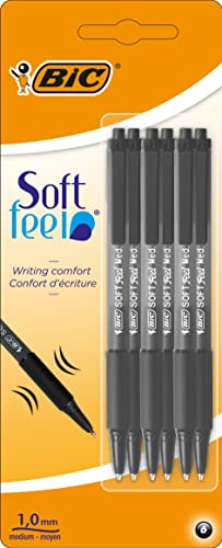 Bic Soft Feel Ballpoint Pens, Retractable Pens, Ideal for School and Office, Medium Point (1.0mm), Black, Pack of 6 - Black - 1 count (Pack of 6)