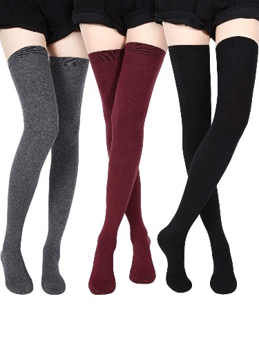 3 Pairs Extra Long Socks Thigh High Socks Extra Long Boot Stockings (Black, Dark Grey, Wine Red, 3)