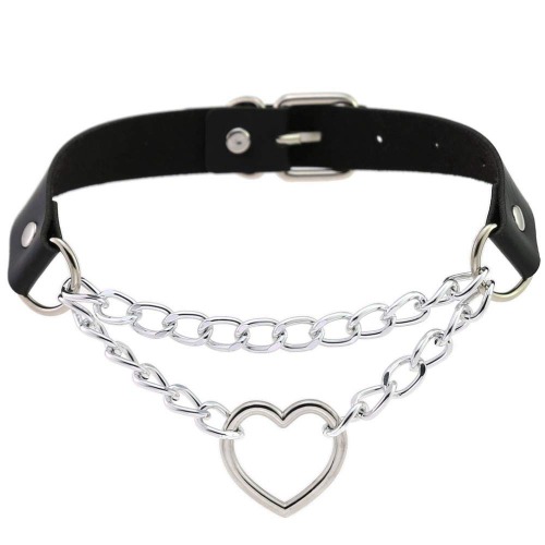Leather Choker Collar Necklace, Heart Shape Gothic Punk Rock Choker Necklace Collars - Heart Chain