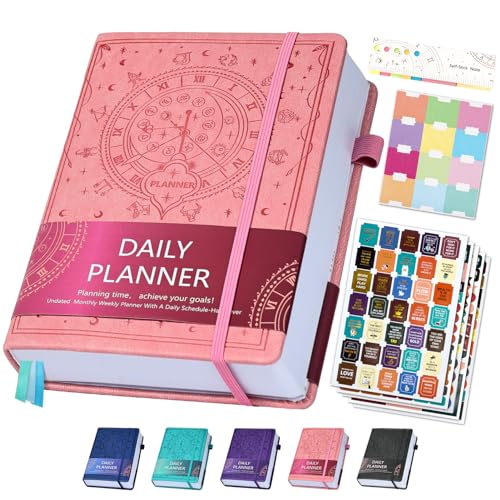 Ospelelf Leather Undated Daily Planner 2024-2025 (5.5 x 8.5''), Weekly & Monthly Life Planner, Organizer Notebook & Productivity Journal. 7 Months, A5 Hardcover, Start Any Time + Stickers(Pink)