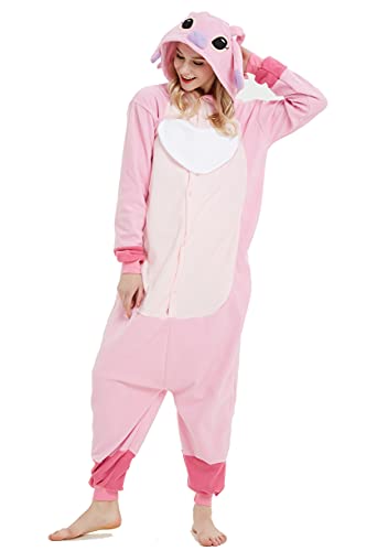 Stitch Onesie Relaxo Kostüm Jumpsuit Tier Relax Kostuem Damen Herren Pyjama Fasching Halloween Schlafanzug Cosplay Erwachsene Karneval Einteiler - L - Rosa