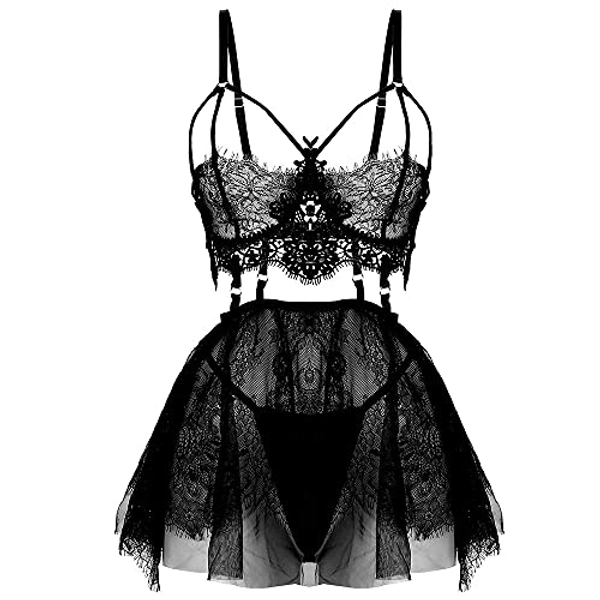 Yomorio Lace Bustier Lingerie Set Black Gothic Corset Dress Lolita Cosplay  Babydoll Dresses