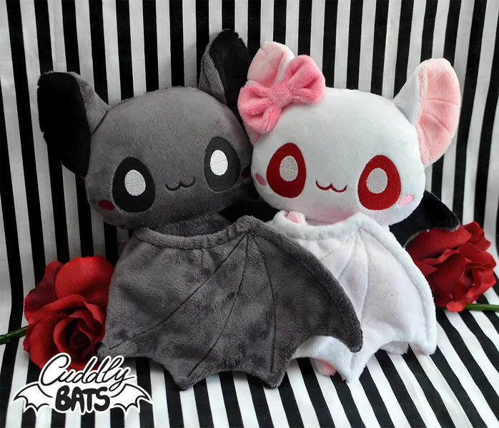Luna and Shadow bats - Cuddly Bats comics, Black Bat Plush Toy, Cute White Albino Flying fox, Stuffed Animal wings, Kawaii Couple plushies