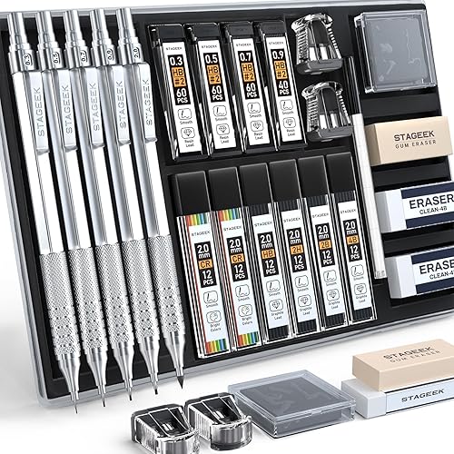 STAGEEK 21PCS Metal Mechanical Pencil Set, Art Lead Pencil 0.3, 0.5, 0.7, 0.9, 2mm Lead Holder(HB 2H 2B 4B Color) with 10 Tubes Graphite Lead Refills Eraser with Case for Drafting Drawing Sketching - Silver