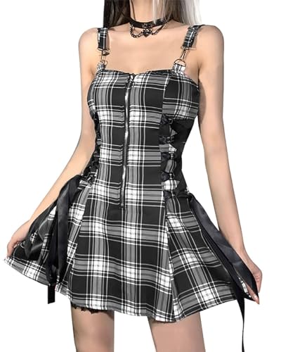 TSMNZMU Womens Gothic Plaid Mini Dress Punk High Waist Halter Dresses Y2K Zipper Mall Goth Grunge Emo Dress - Black Plaid Dress