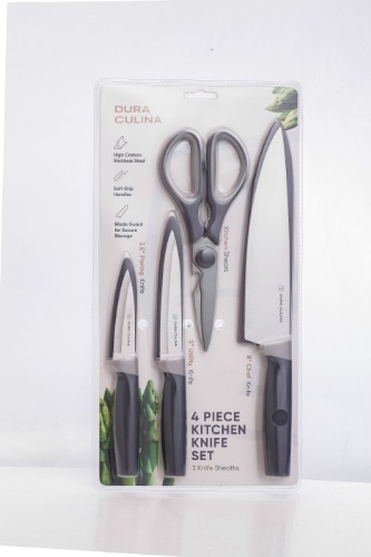 4 Piece Kitchen Knife Set- Chef, Utility, Paring, Multi Purpose Shears, and Matching Blade Guards | Default Title