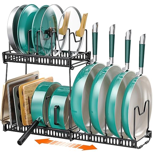 MonaSixy Pots and Pans Organizer Under Cabinet, 14 Adjustable Divider Pot Lid Rack Organizer 3-Pack Kitchen Storage Pan Holder Organizer Inside Cabine for Cookware, Baking Sheet(Black) - Black