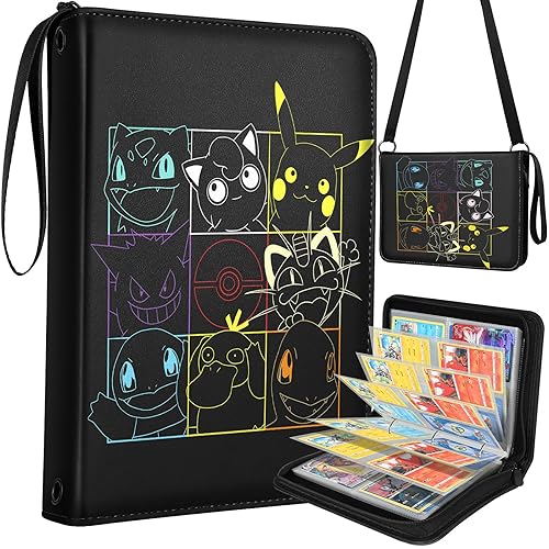 Mulafnxal 4 Pocket Card Binder 440 Double Sided Pockets - Trading Card Album Folder Collection Binder for Kids Boys Teens for Game Cards Sports Cards with Zipper Shoulder Strap,Nine Baoke - Nine Baoke